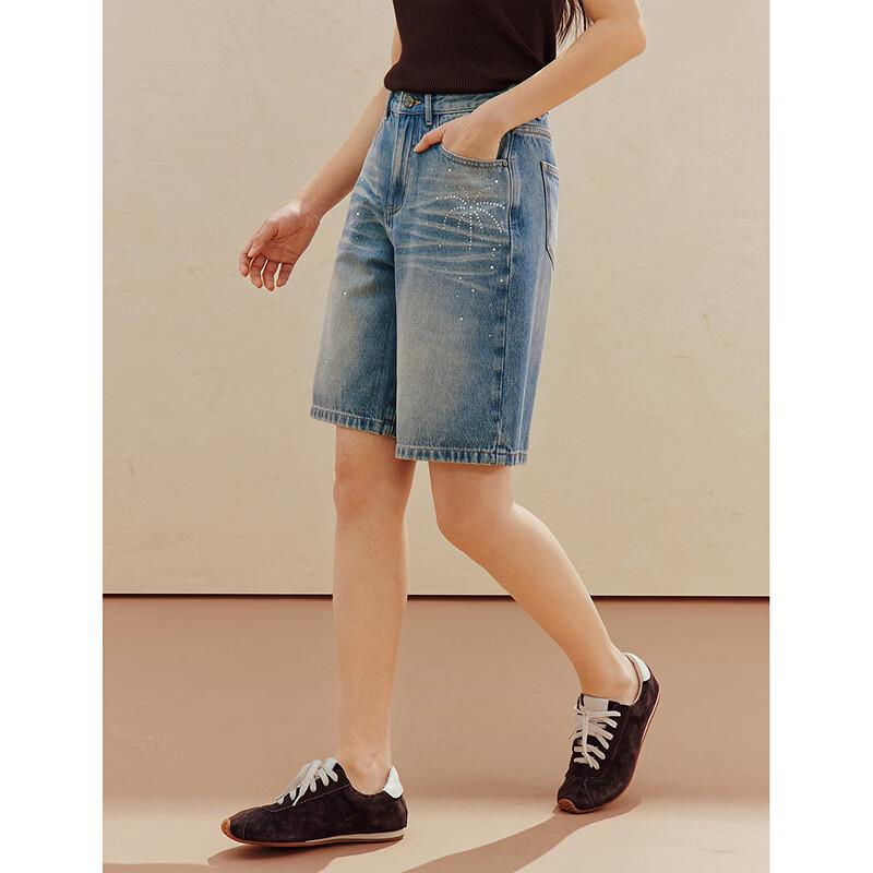 Blugi Capri Drepți cu Strassuri Retro pentru Femei INMAN