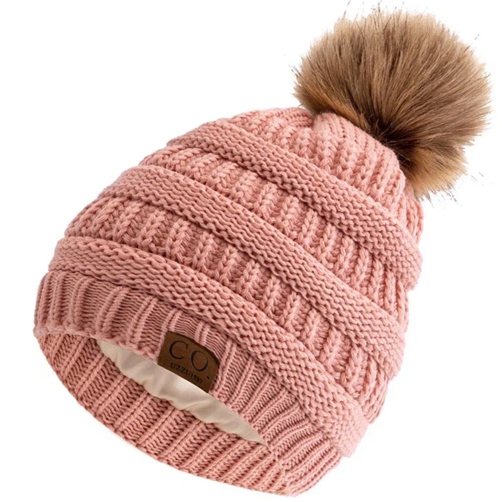 

New Anti-Static Beanie Hat Satin Lined Faux Fur Pom Pom Beanies Hat For Woman Winter Warm Knit Hats 55cm-60cm