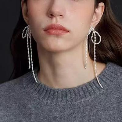 Elegant Long Pearl Bow Stud Earrings for Women - High-End Versatile Design