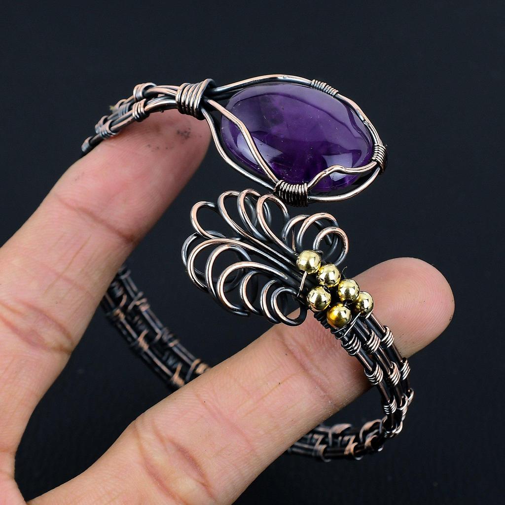 Amethyst Bangle  999 Copper Wire Wrapped Cuff Bracelet, Adjustable Bangle Gemstone Jewelry, Gift For Mom Handmade Brand, New Jewelry
