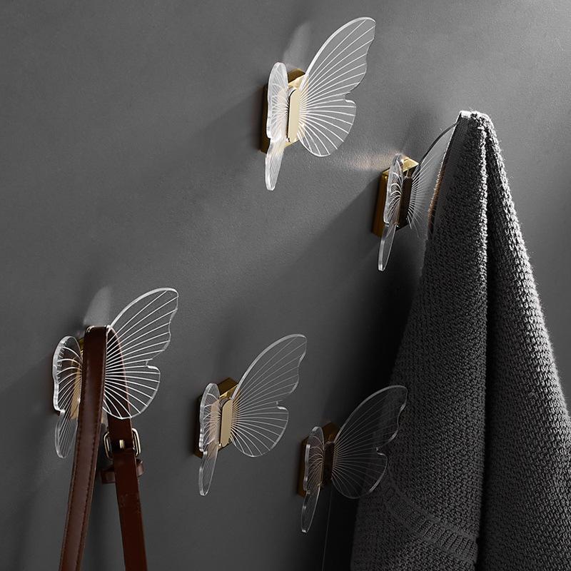 Gold/Black Bathroom Clothes Hook Transparent Acrylic Door Single Hook Wall Mounted Butterfly Bedroom Coat Hook Bath Robe Hook