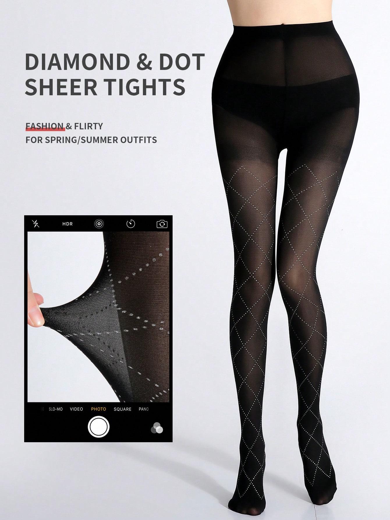 

1 Pair Women Black Diamond Grid Print Thin Silky Stretchy Edgy Stockings New S