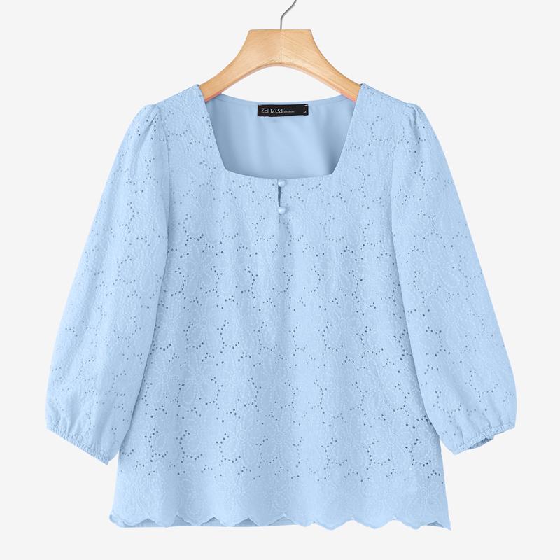 

ZANZEA Женская повседневная блузка с квадратным вырезом, рукавами 3/4, свободного кроя, с лоскутным кружевом 3XL синий