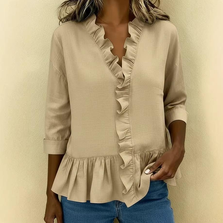 ebay spring and summer European and American new long-sleeved ruffle shirt women's shirt