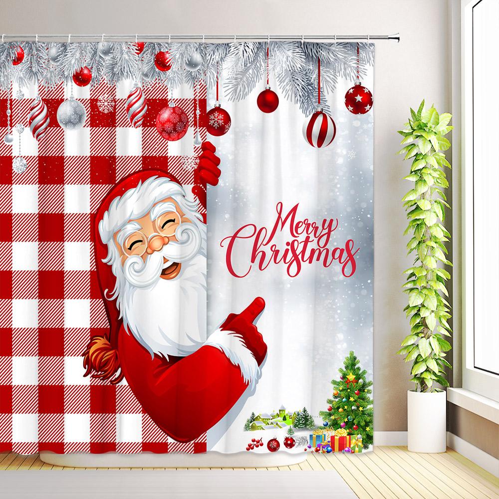 

Merry Christmas Shower Curtain Santa Claus Winter Snowman Snowflake Buffalo Plaid Reindeer Xmas Bathroom Decor Fabric with Hooks 35x70inch-90x180cm