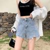 Classic and Minimalist Fashion with Black and Gray High-waisted Female Broken Holes Burlap A-line Thin Section Thin Outside Wearing Denim Shorts