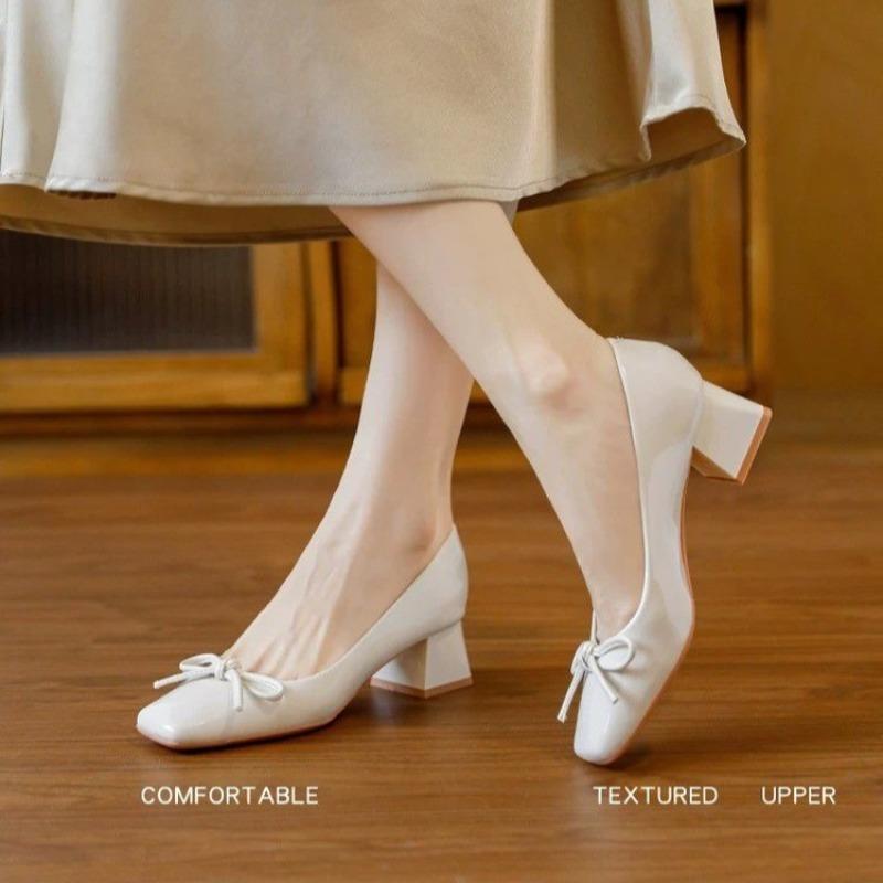 Scarpe Décolleté con Tacco Kitten Donna 2026 Nuova Moda Fiocco Punta Quadrata Francese Tacco Blocco Scarpe con Tacco