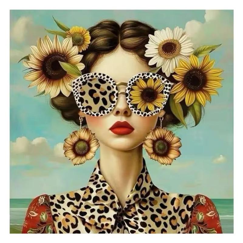 Beautiful Woman with Glasses Flower Canvas Wall Art Painting Posters and Prints Women Wall Art Picture Room Decor Picture