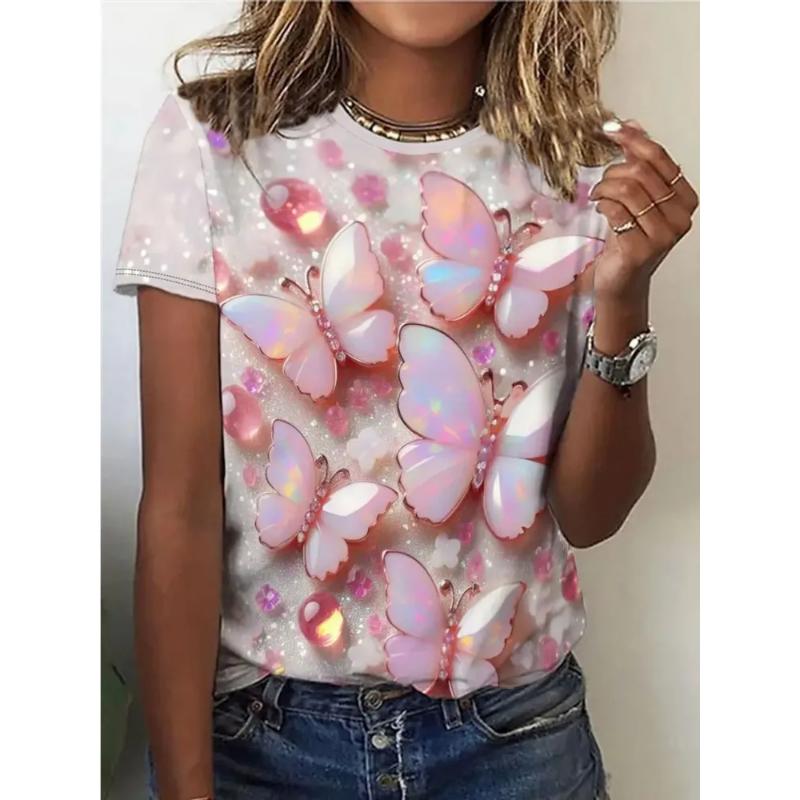 Fashion Women's Crew Neck T-Shirt 3D Flower Color Printing Crew Neck Short Sleeve