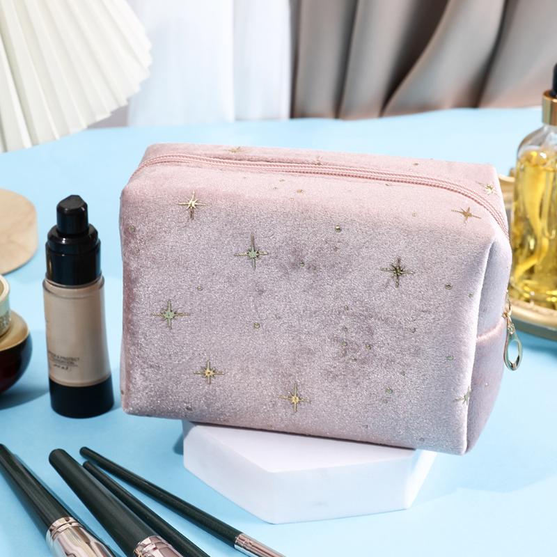 Cosmetic Pouch Spacious Velvet Cosmetic Bag Travel Toiletry Organizer With Star Pattern Portable Makeup Case For Lipstick