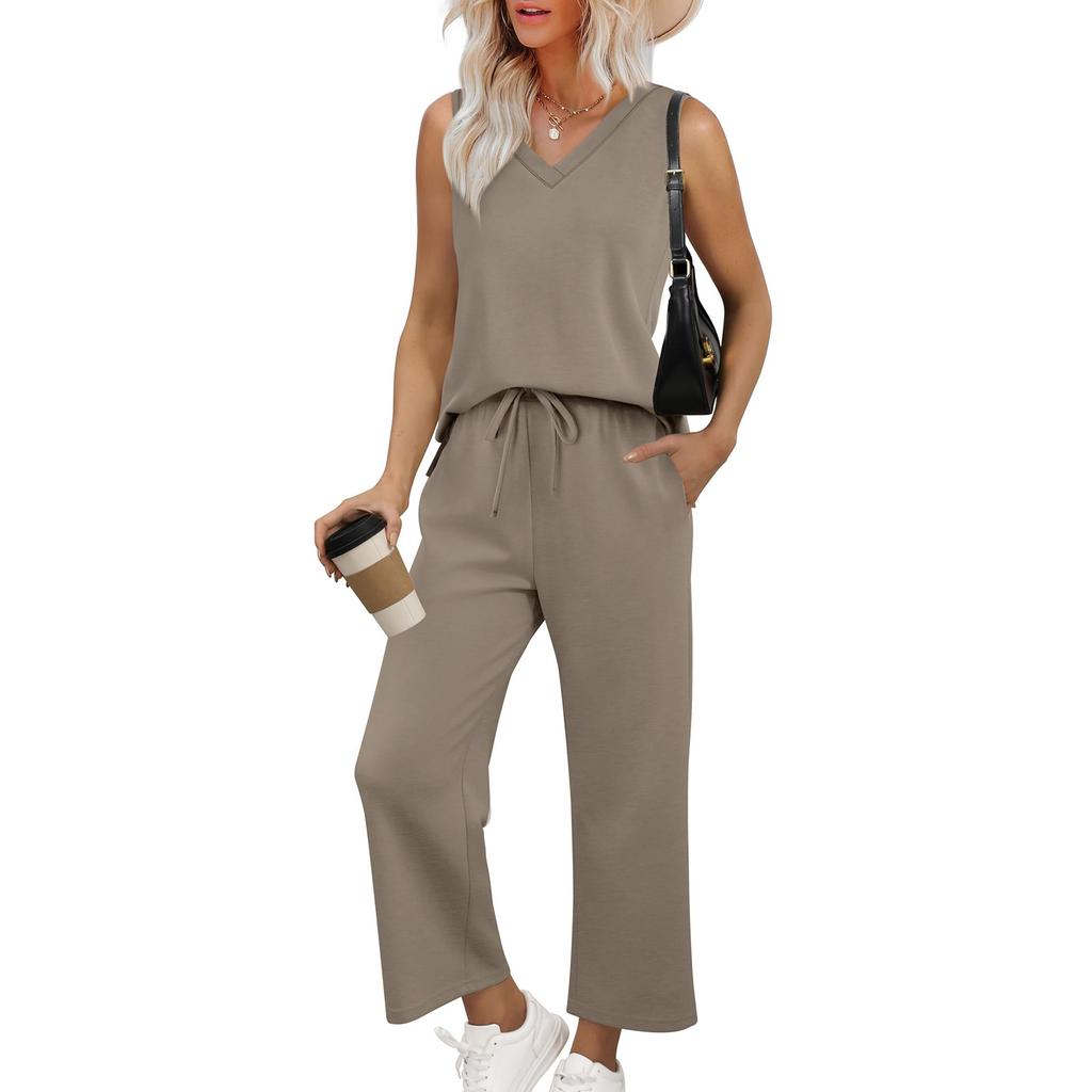 Women's Casual Fashion Sleeveless V-Neck Loose Wide Leg Pants Set