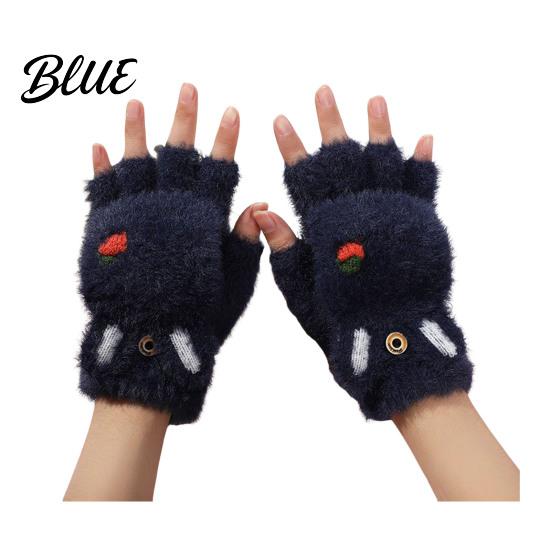 Fingerless Gloves with Flap Cover Furry Cat Paw Thermal Gloves Flip Top Mitten Button for Women Winter Cozy Outdoor Cold Weather Plush Half