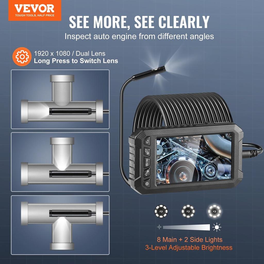 Endoscope Camera with Lights Triple Lens Borescope 49.2FT Cable 5" Screen