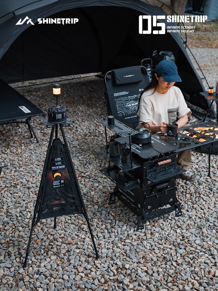 Mountain Fun Hexagonal Camping Table: Portable with 19 Lights, Lifting Storage Rack, and Detachable Aluminum Alloy Design.