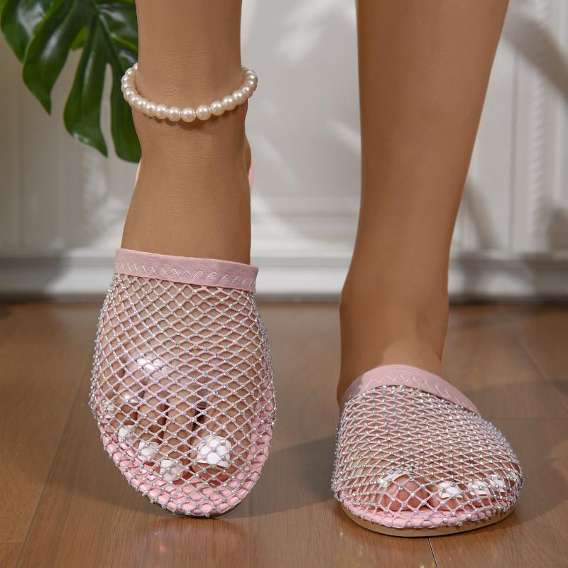 Women Slippers Summer New Round Head Slippers Water Diamond Flat Home Beach Sandals