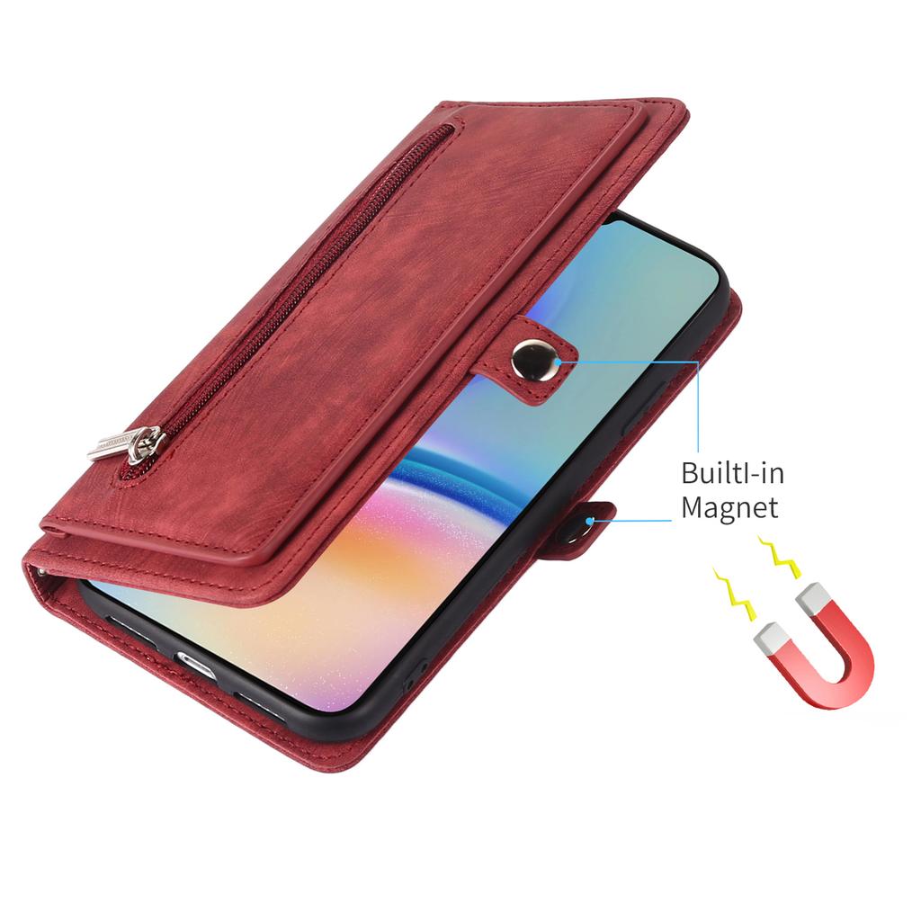 For Samsung Galaxy A55 5G Case Zipper Pocket 9 Card Slots PU Leather Phone Cover with Wrist Strap