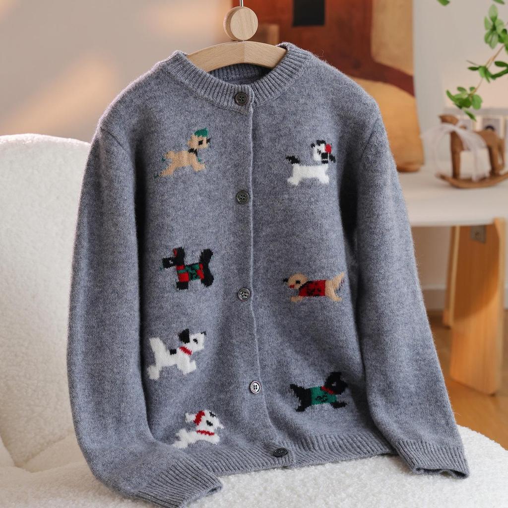 Kinder-Cardigan aus 100% reiner Wolle, gestrickt, mit Cartoon-Motiv, koreanischer Stil, Rundhals-Pullover für Jungen und Mädchen
