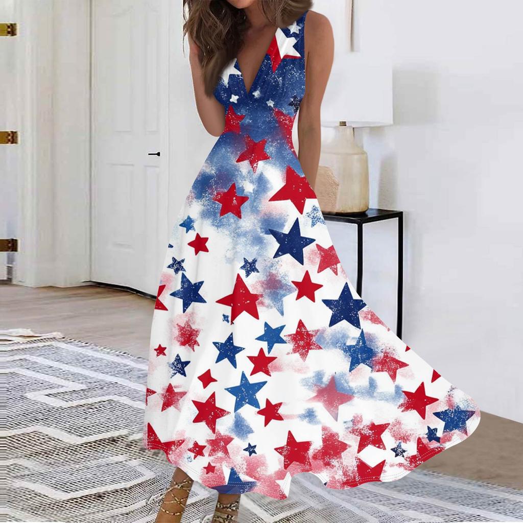Women's Fashion Casual Loose V Neck Sleeveless Independence Day Printed Long Dresses