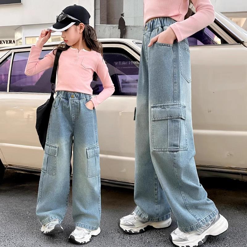 Dívčí cargo džínové kalhoty Dětské ležérní široké džíny Módní streetwear pro teenagery Volné kalhoty Dětské oblečení 5-14 let