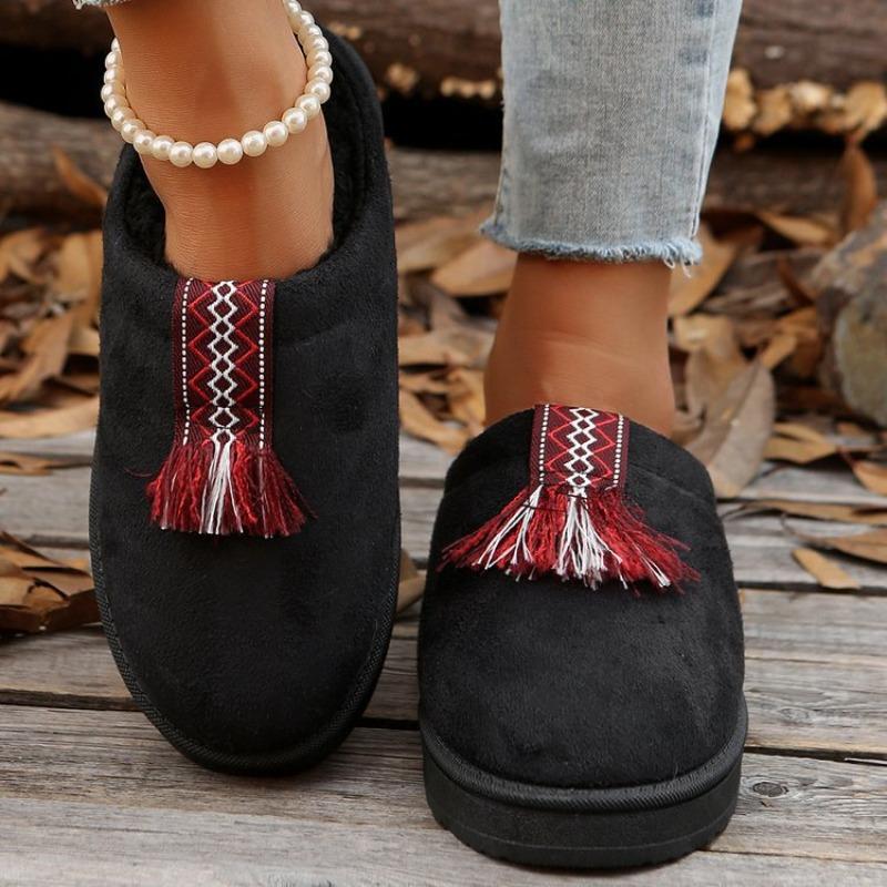 Large size thick-soled half slippers women's autumn bag head fringed fluffy muffin cotton shoes