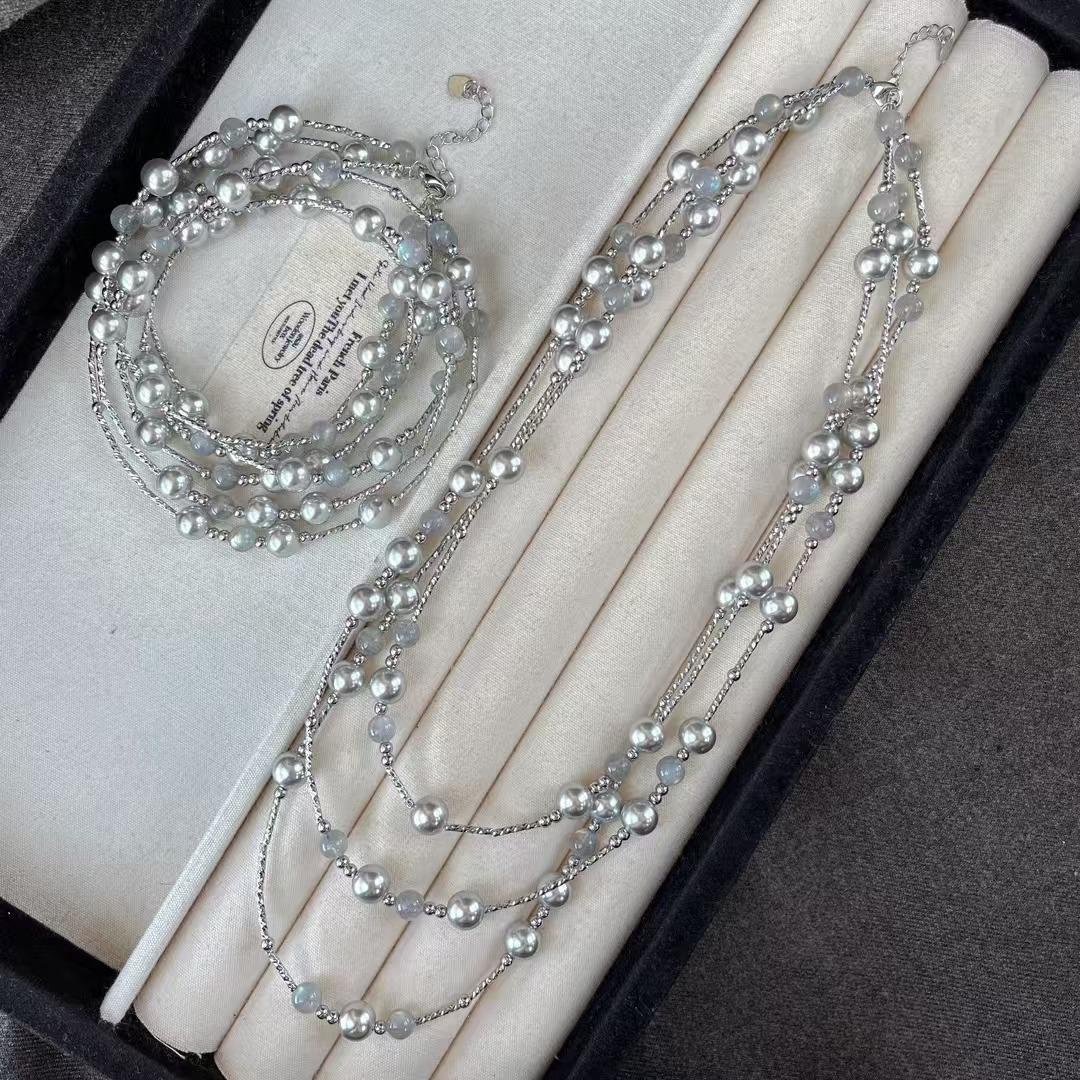 Vintage Strong Light High Quality 616 Real Multi-Hemp Artificial Crystal Pearl Natural Gray Moonstone Necklace