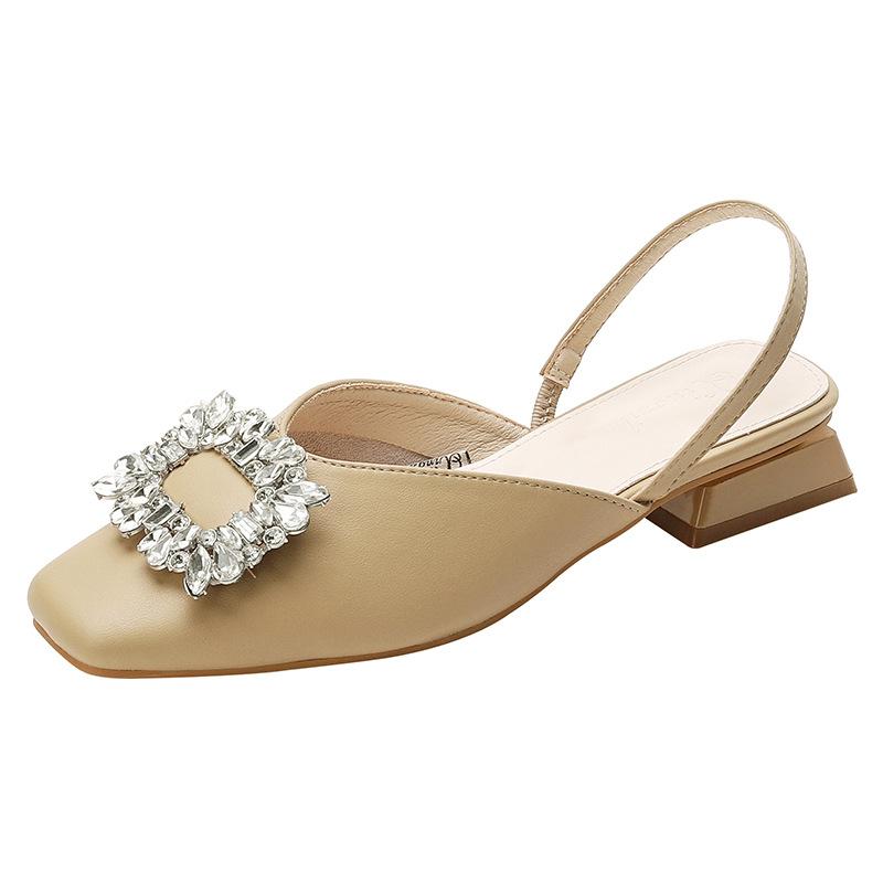 Leather Rhinestone Sandals Bag Head Half Slippers, Fashionable Outer Wear 2025 New Summer Square Head Thick Heel Half Support Single Shoes