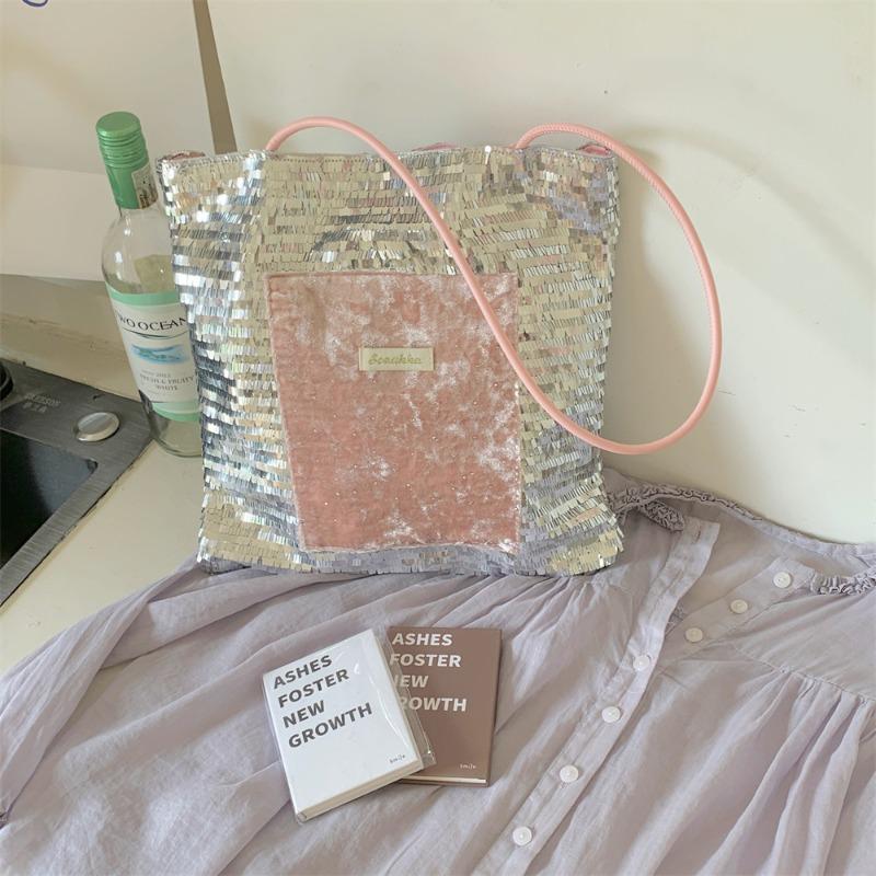 31 New popular glitter powder with silver sequins niche large-capacity commuting shoulder canvas bag handbag