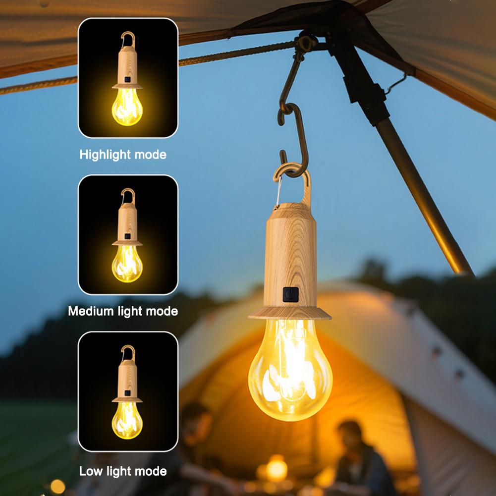 LED Camping Lights USB Rechargeable 3 Lighting Modes Dimmable Vintage Light Bulbs with Hook Outdoor Camping Hiking Tent Lantern