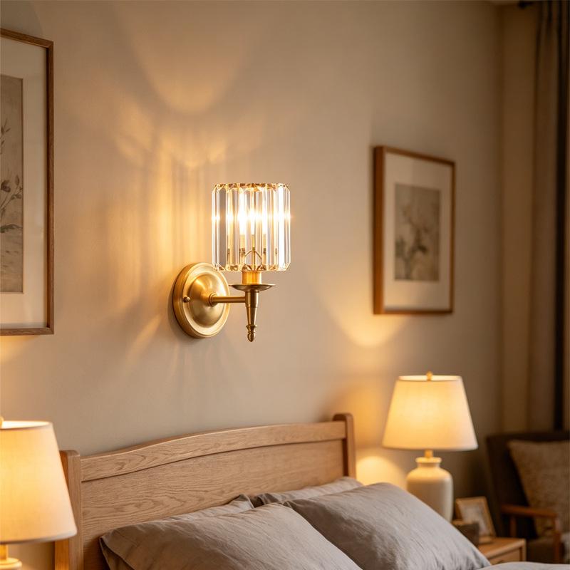 Elegant American Crystal Wall Lamp, Nordic Style Bedside Fixture, Modern Copper Design for Bedroom and Living Room