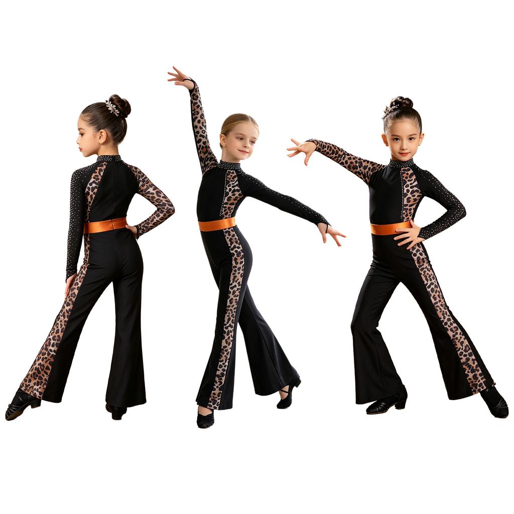 Tuta Jumpsuit Leopardata per Bambine Danza Latina Jazz Collo Alto Manica Lunga Fori per i Pollici Color Block Gamba a Zampa Bodysuit Zip Posteriore per Spettacolo