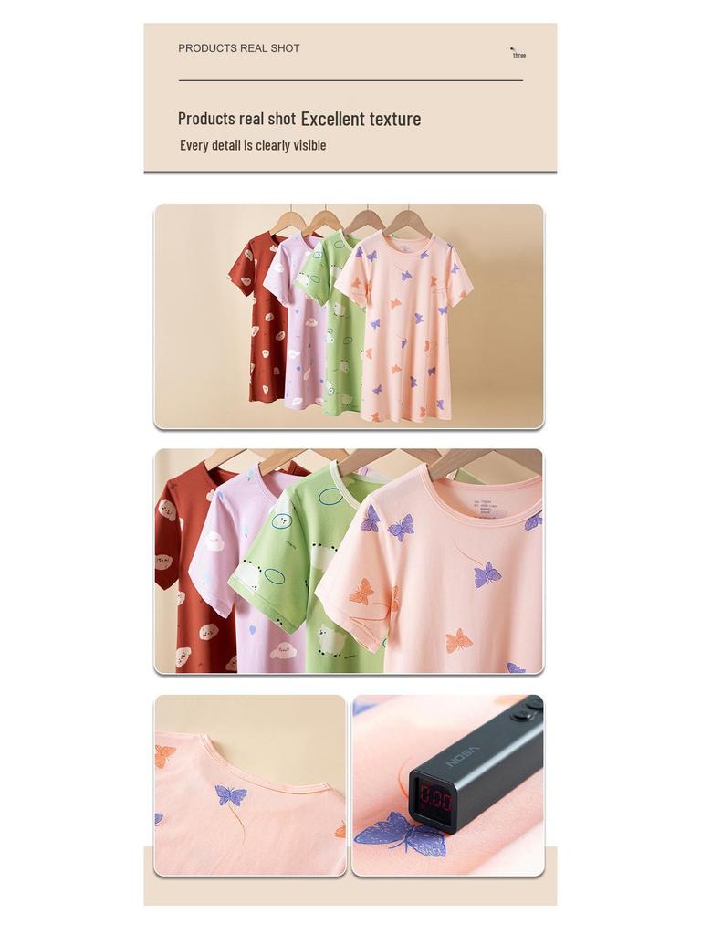 Girls' Antibacterial Cotton Cartoon Pajamas - Short Sleeve Summer Nightgown