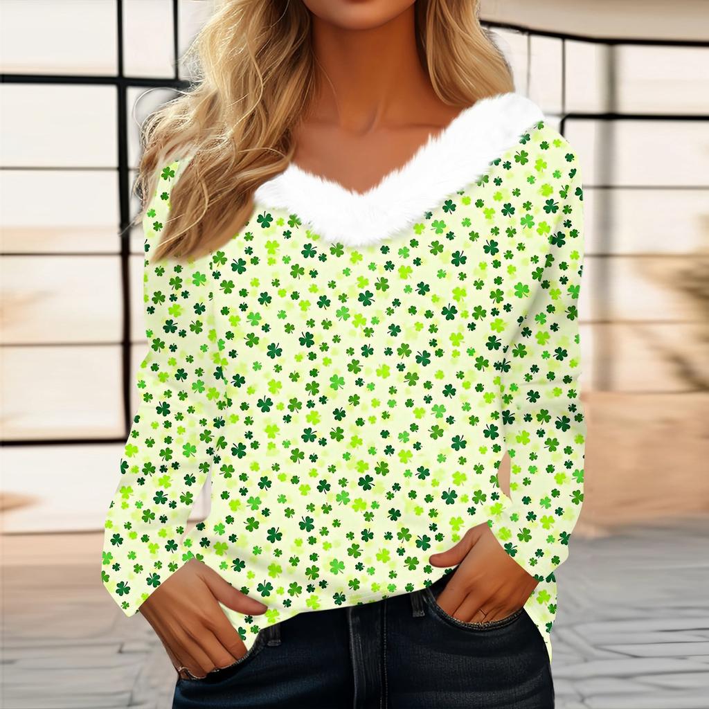 Women's Loose Casual Long Sleeved Printed Plush Collar V Neck Top, Long Sleeved Top