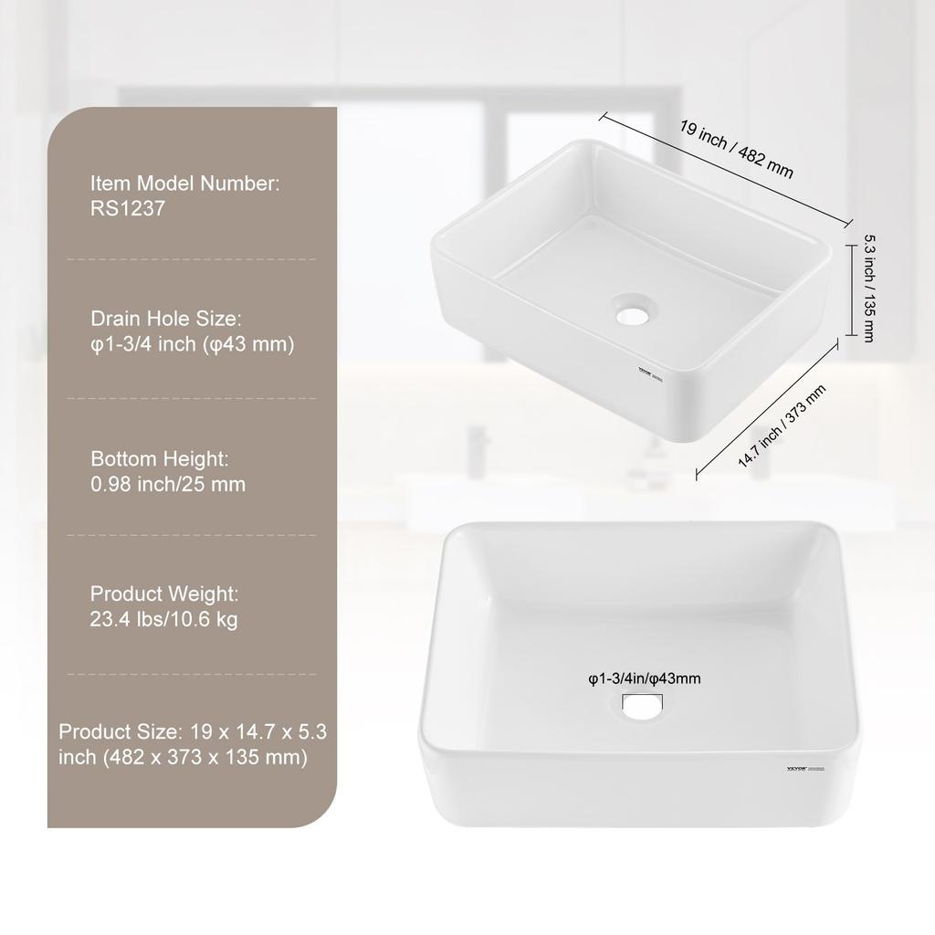 VEVOR Rectangle Vessel Sink, 19" X 14.7" Bathroom Vessel Sink Countertop, White Ceramic Bathroom Sinks Above Counter, Modern Style