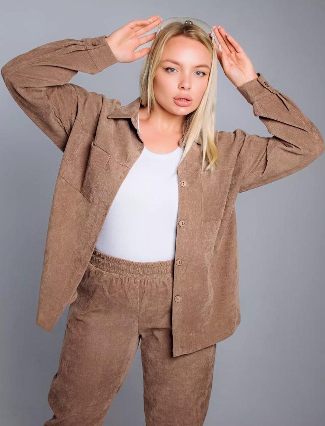 2025 Retro Plus Size Women's Corduroy Shirt and Pants Set