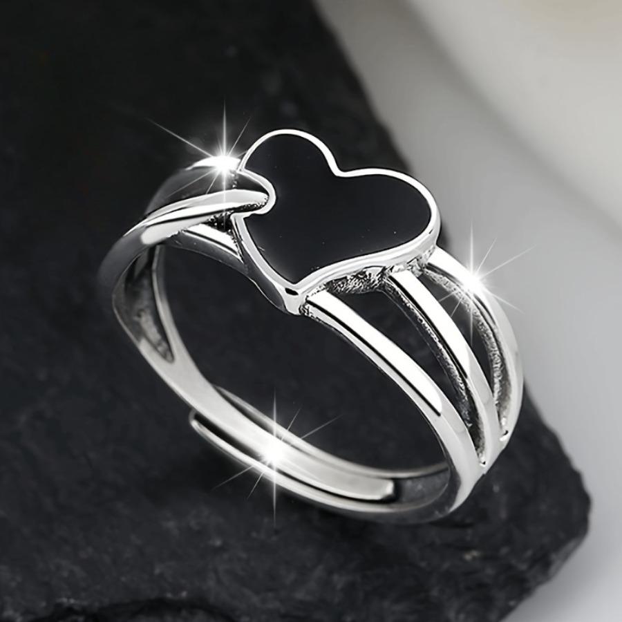 1pc Women's Fashion Wide Band Ring, Silver-Plated Multi-Layer Black Heart Ring, Minimalist Open Adjustable Hypoallergenic Index Finger Ring