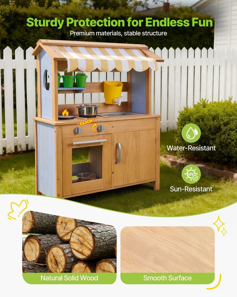 Mud Kitchen, Outdoor Mud Kitchen for Kids, Wood Outdoor Play Kitchens with Spoons, Sink, Tank, Sunshade Canopy, Shovels, Cookware Pots and
