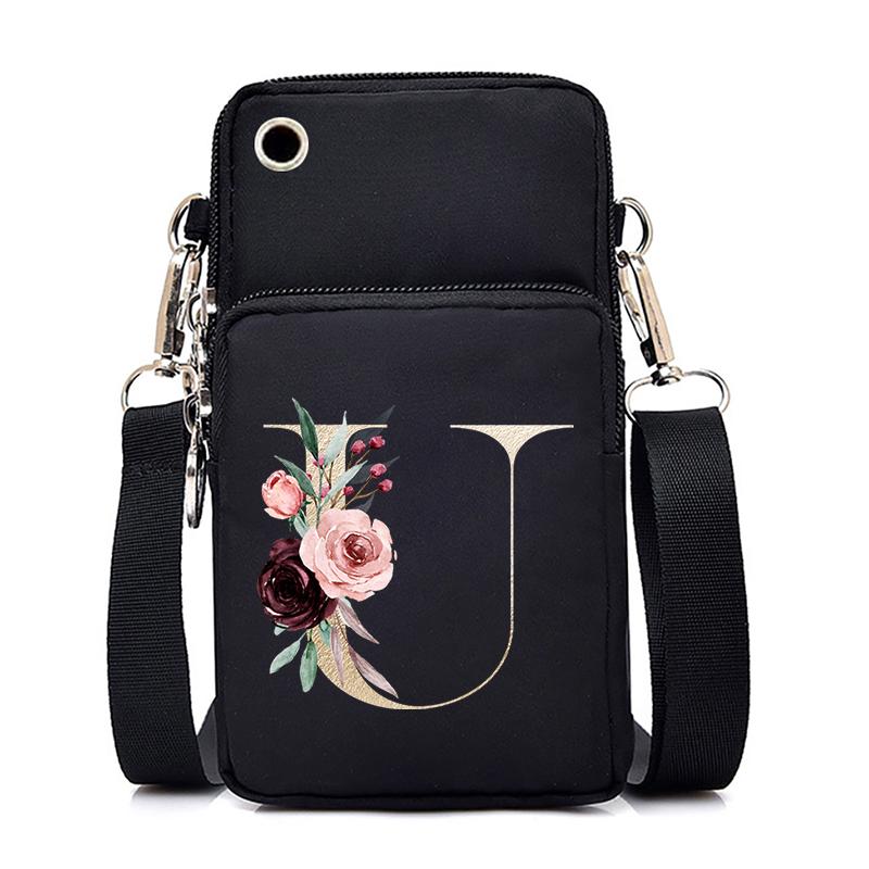 Gold Color Letters A B C D Mini Mobile Phone Bag Pink Flower Alphabet Vertical Handbag 26 Initials Flower Woman Purse Handbags