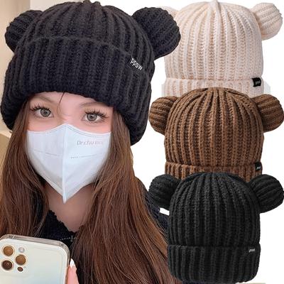 Bear Ears Thicken Hats Women Soft Harajuku Plush Ear Head Protection Cute Knitted Korean Wool Caps Cool Girl Handmade Beanie