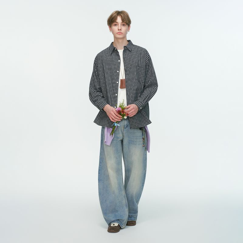 

Dream Made American Retro Plaid Long-Sleeved Shirt for Men, Spring and Autumn Commuter Style, Versatile Trendy Shirt for Boys Black X L