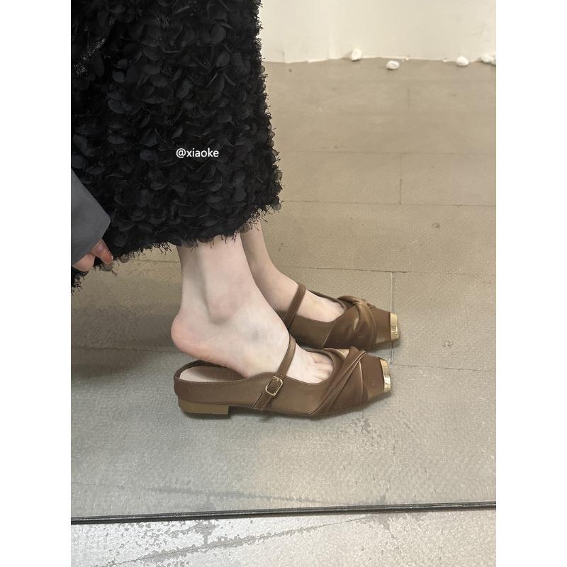 Metal Square Toe Flat Heel Half-slippers Spring and Summer Soft-soled Slippers Mary Jane Shoes Single Shoes