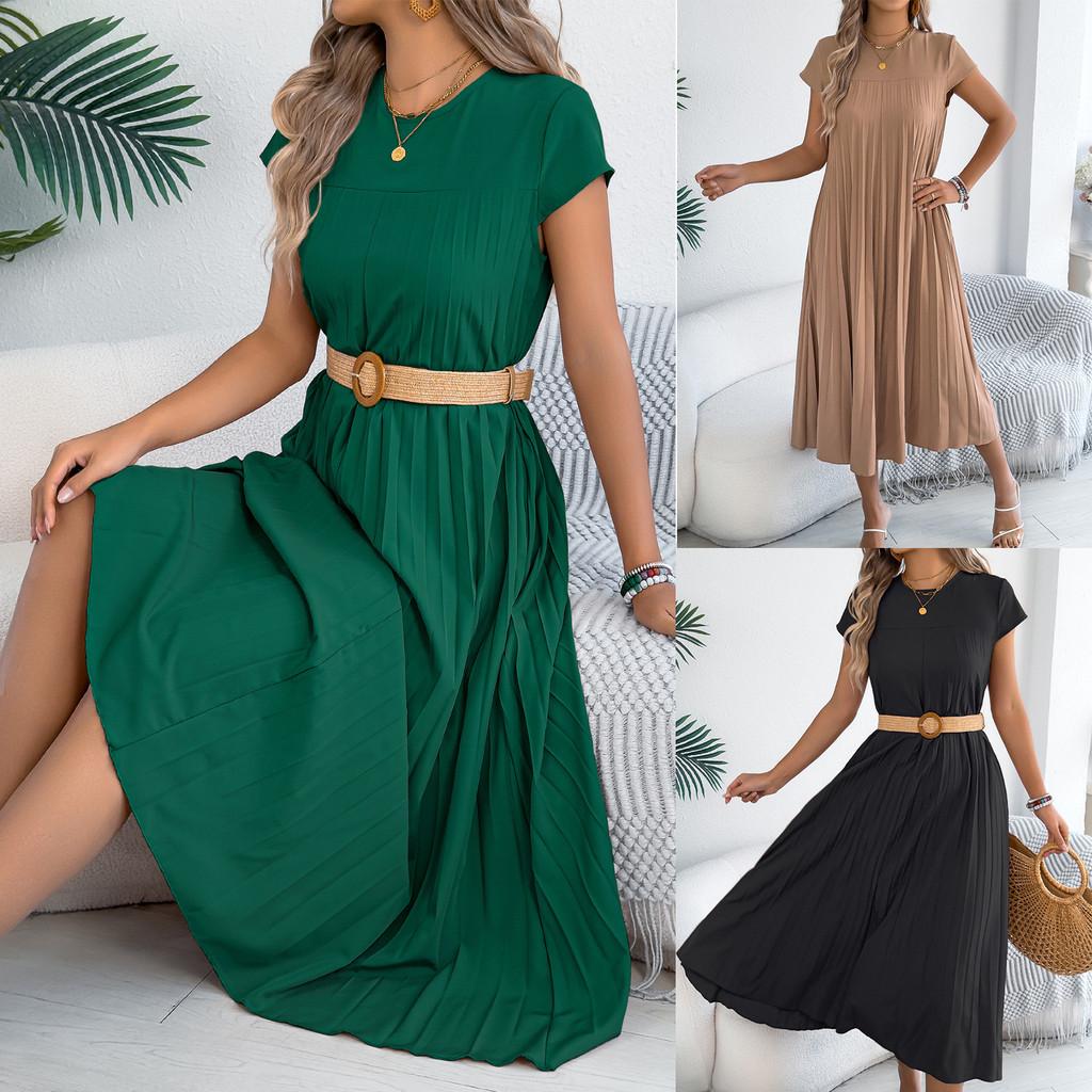 Euro Street Style Short Sleeve Pleated Dress With Pockets For Casual Daily Wear