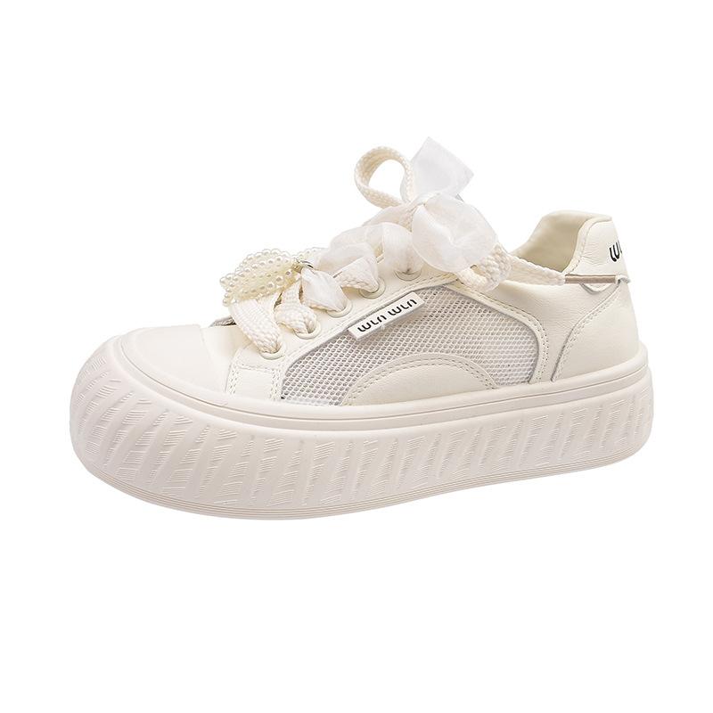 Popular Niche Fashion Sports Shoes Women's New Spring Single Shoes Versatile Flat-bottomed Pearl Lace-up Casual Sports Shoes