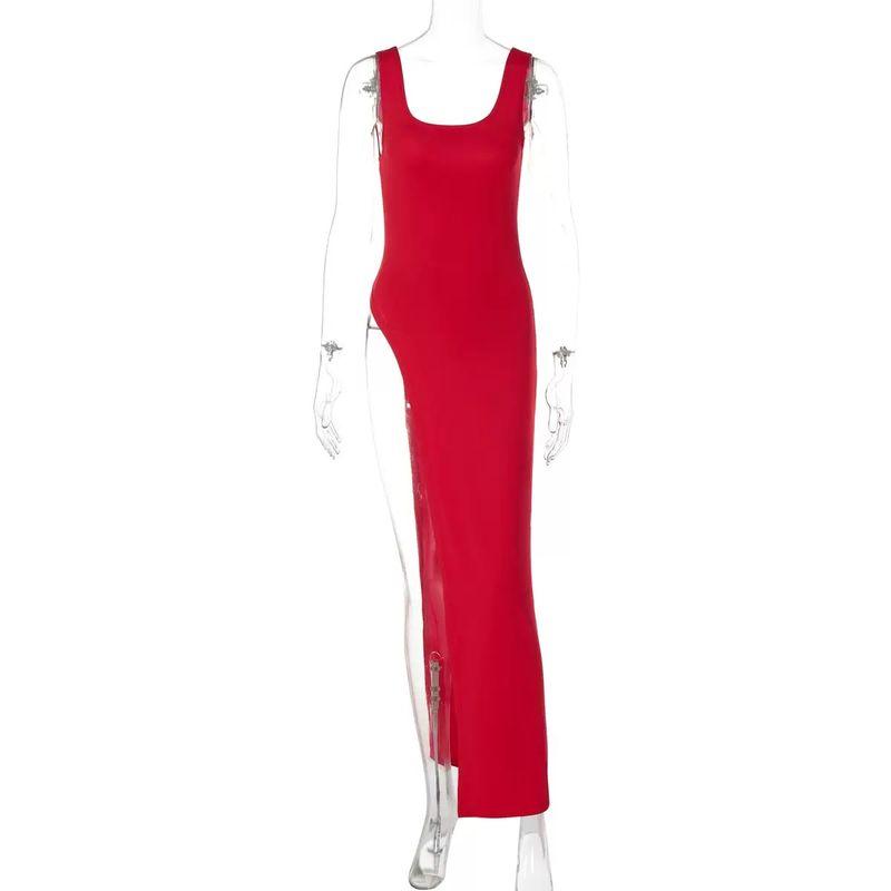 

and American Women s Clothing Spring Stylish Adult Lady like Woman Wind Tops Fashion Special Split Pure Color round-Neck Long-Sleeved Dress Female Sleeveless red XS