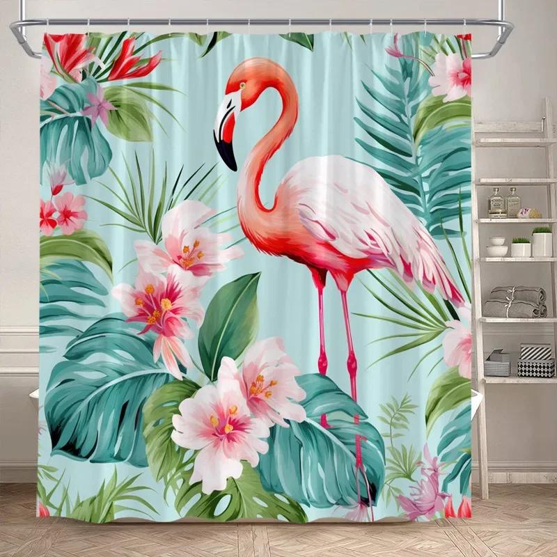 Tropical Jungle Flamingo Shower Curtains Animals Lake Lotus Flowers Palm Tree Plant Forest Scenery Fabric Bathroom Curtain Decor