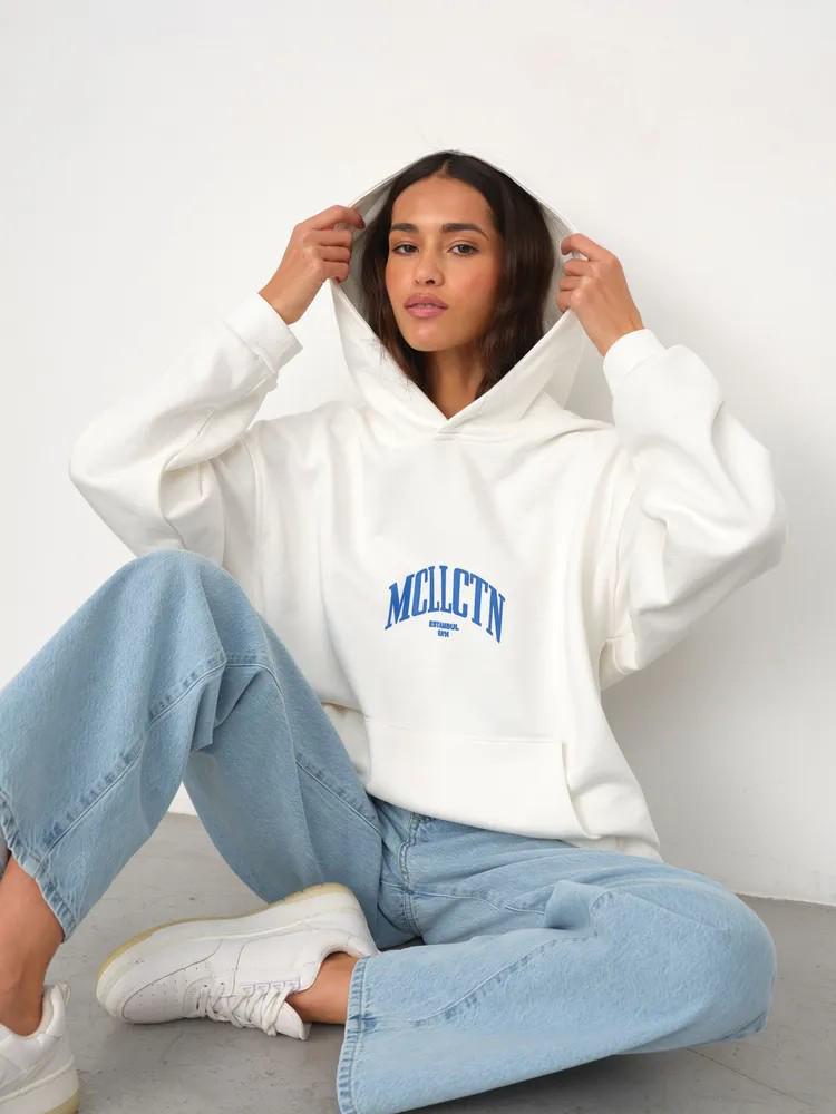 

European & American Women s Winter Hoodie with Letter Print & Foam Bag Patch L білий