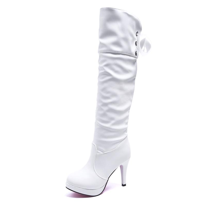 Fashion 9.5 CM Women's Fashion Sexy Thin Heel Knee High Long Boots Classics Autumn Winter PU Panel Rear Tie Boots Platform Shoes
