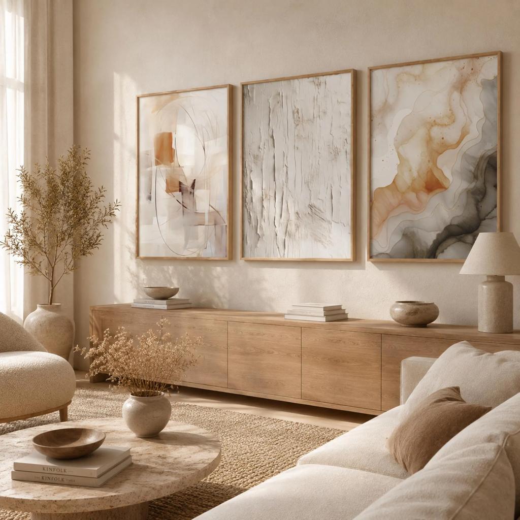 Set di 3 Stampe Astratte da Parete Beige Neutro, Stampe ad Acquerello Texturizzate Wabi Sabi, Poster Minimalisti per Soggiorno Decorazioni per la Casa