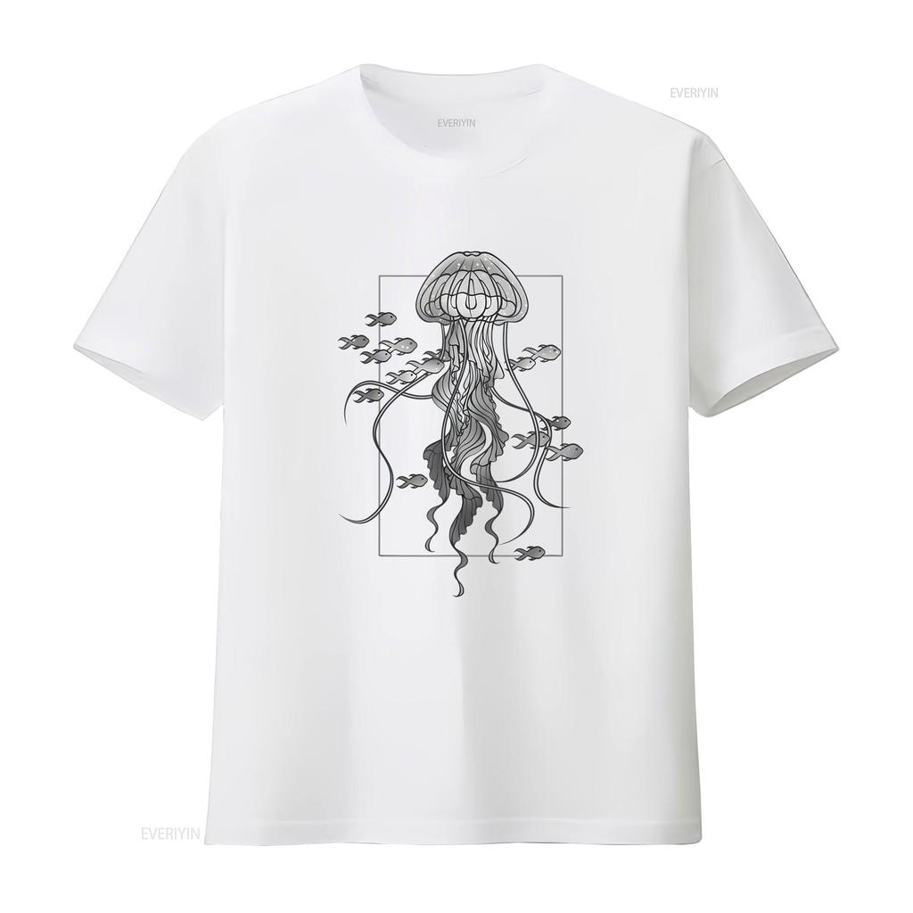 Jellyfish with Fishes In Sea T Shirt Vintage Washed Homme Slightly Streetwear Fashion Breathable Versatile Designer Clothes