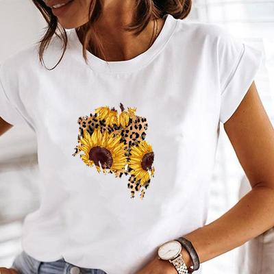 (Asian Size) Tee Top Fashion T Shirt Leopard Flower Lovely Trend Cute Sweet Women Print Lady Female  Clothing Casual Short Sleeve Graphic T-shirt
