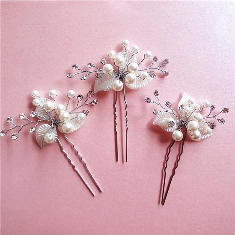 Wedding Bridal Bridesmaid Pearl Crystal Leaf Headpiece Hair Pin Hairpin Pearl Headwear Hairpin Ornaments Fashion Sexy Accessory